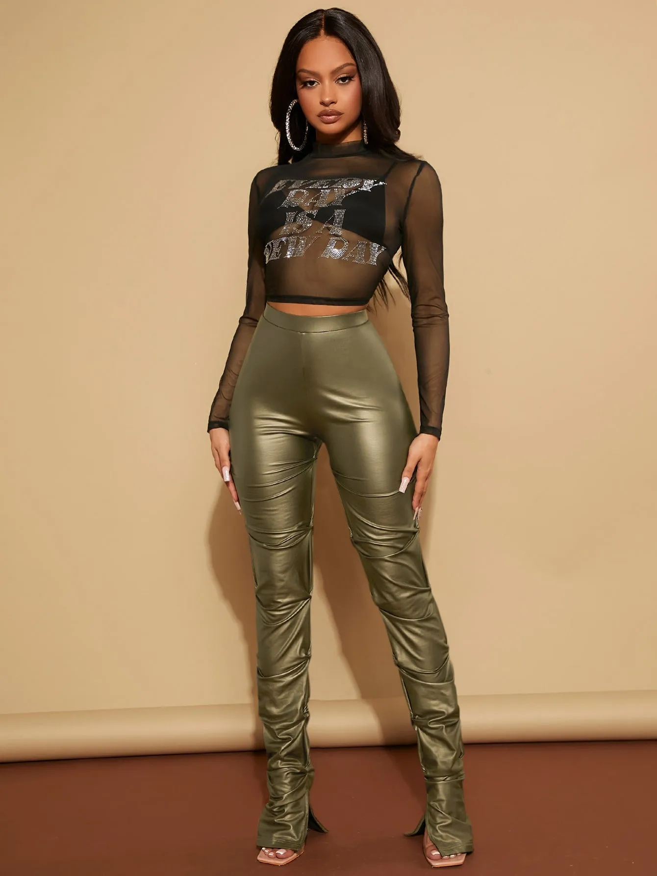 High Waist Ruched PU Leather Skinny Pants FW23