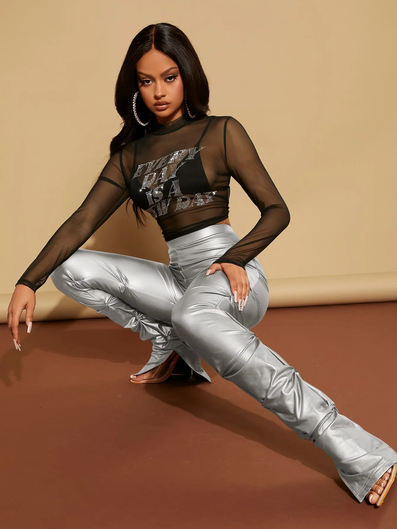 High Waist Ruched PU Leather Skinny Pants FW23