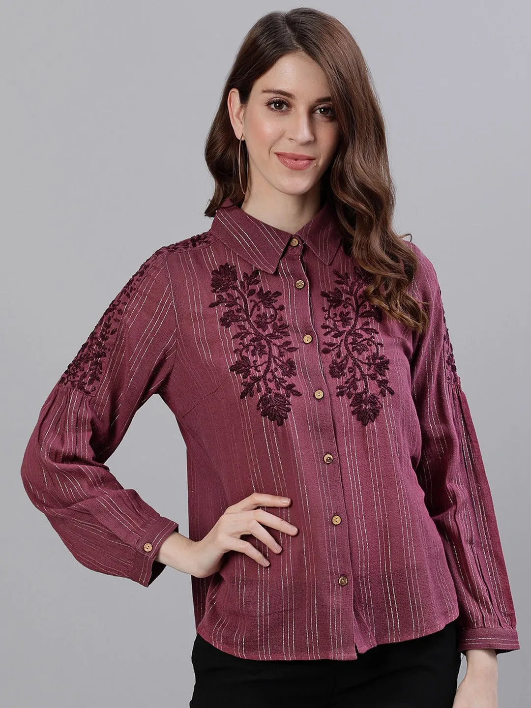 Ishin Women's Purple Floral Striped Embroidered Shirt Style Top