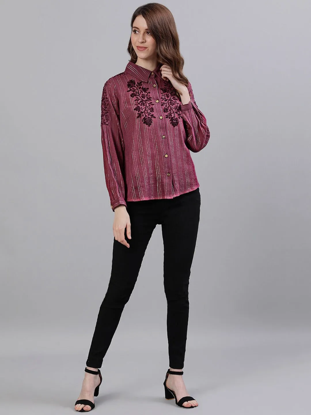 Ishin Women's Purple Floral Striped Embroidered Shirt Style Top