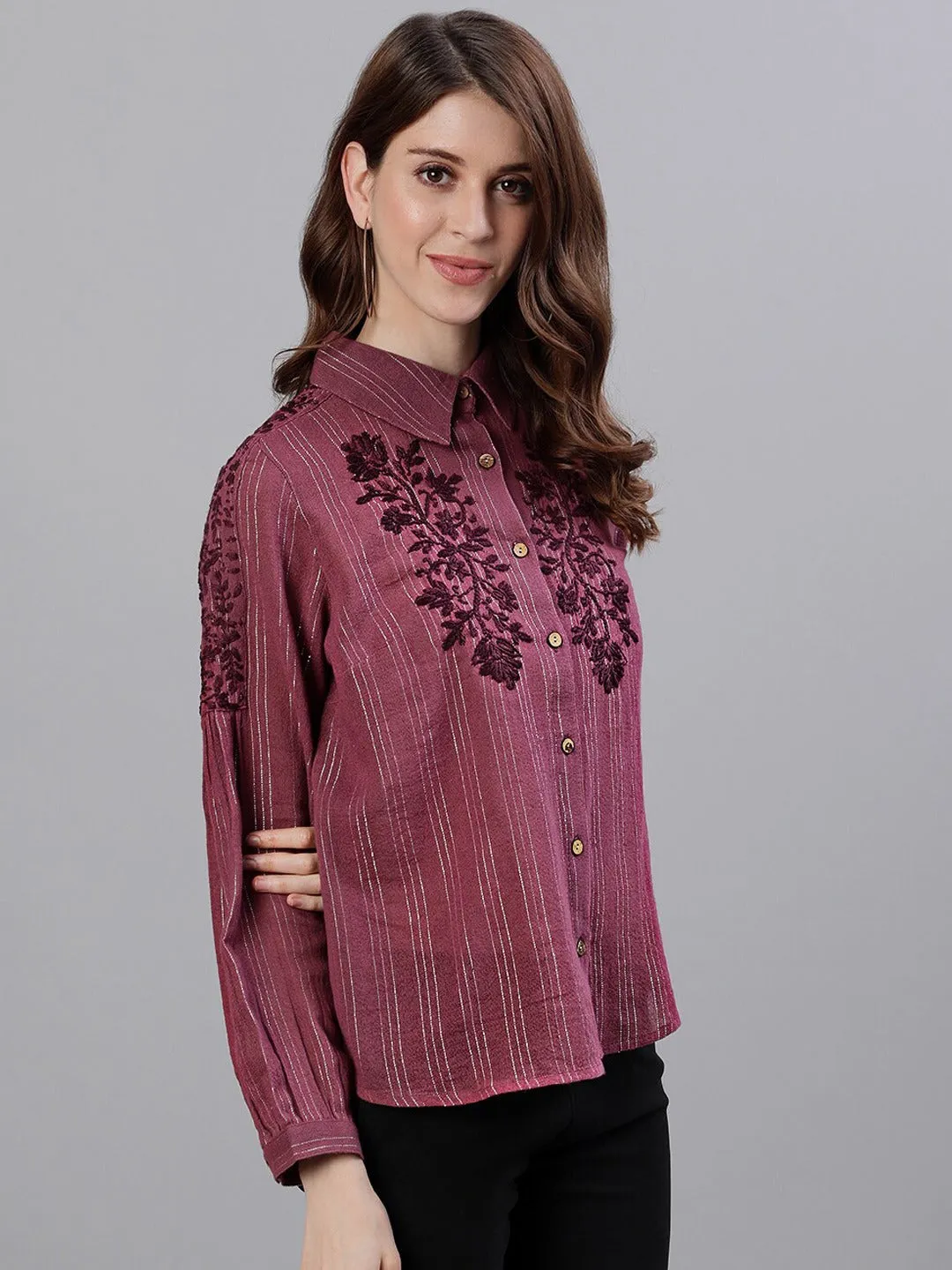 Ishin Women's Purple Floral Striped Embroidered Shirt Style Top