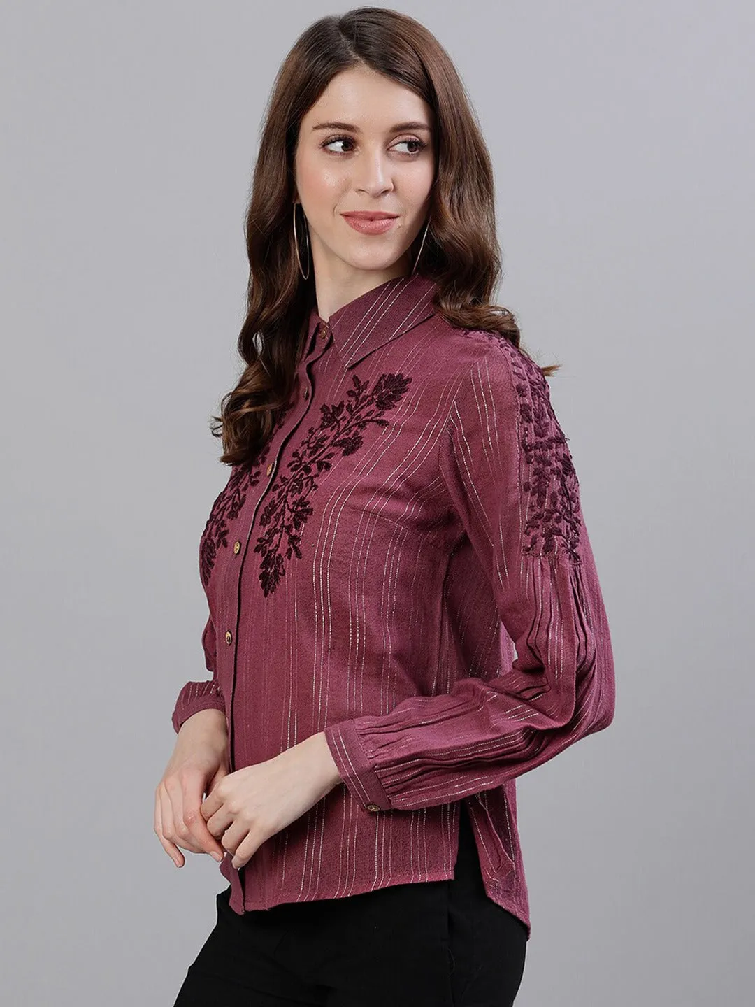 Ishin Women's Purple Floral Striped Embroidered Shirt Style Top