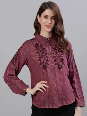Ishin Women's Purple Floral Striped Embroidered Shirt Style Top