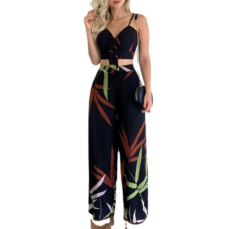 Linen V-neck Short Vest High Waist Print Wide-Leg Pants Two-piece Set
