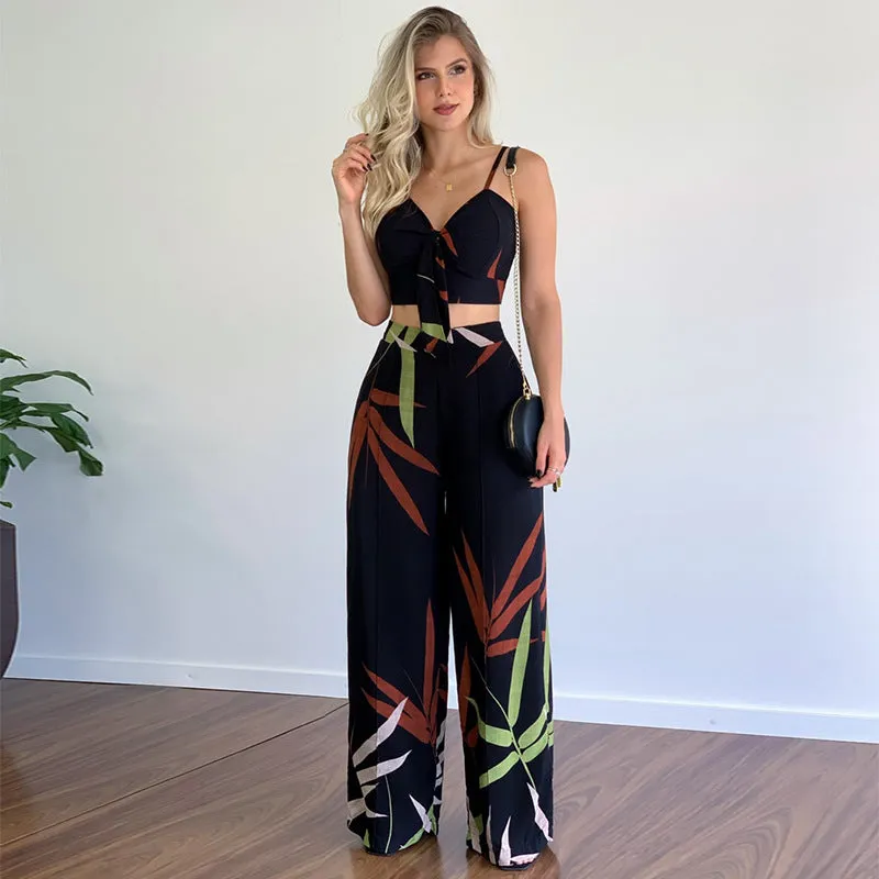 Linen V-neck Short Vest High Waist Print Wide-Leg Pants Two-piece Set