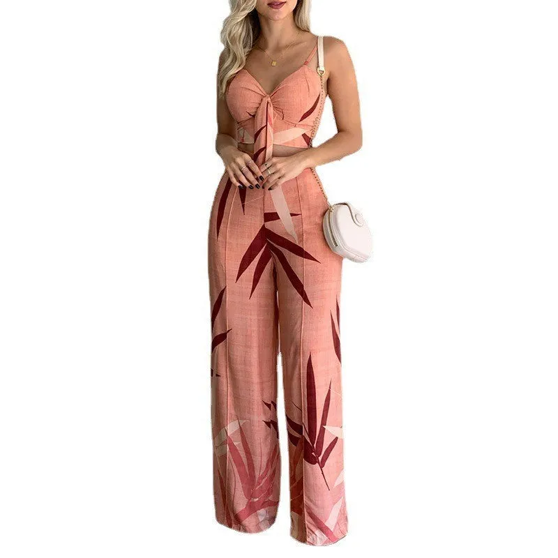 Linen V-neck Short Vest High Waist Print Wide-Leg Pants Two-piece Set