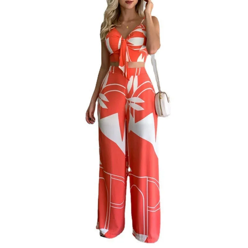 Linen V-neck Short Vest High Waist Print Wide-Leg Pants Two-piece Set