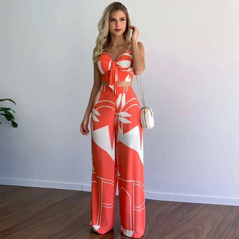 Linen V-neck Short Vest High Waist Print Wide-Leg Pants Two-piece Set