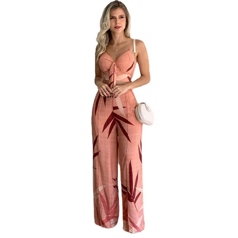 Linen V-neck Short Vest High Waist Print Wide-Leg Pants Two-piece Set