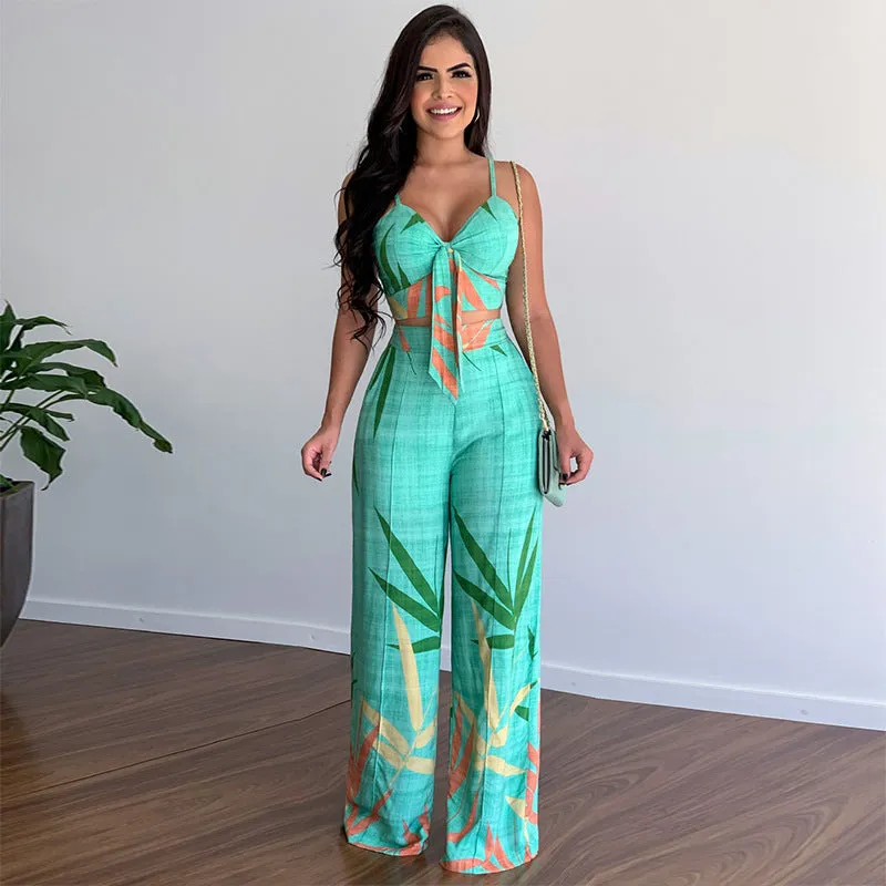 Linen V-neck Short Vest High Waist Print Wide-Leg Pants Two-piece Set