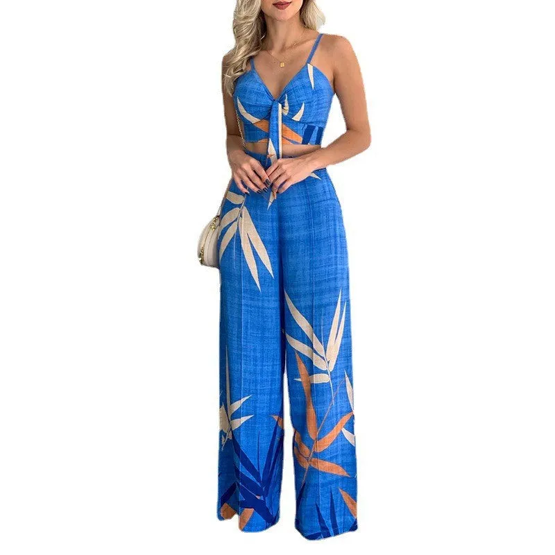 Linen V-neck Short Vest High Waist Print Wide-Leg Pants Two-piece Set
