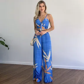 Linen V-neck Short Vest High Waist Print Wide-Leg Pants Two-piece Set
