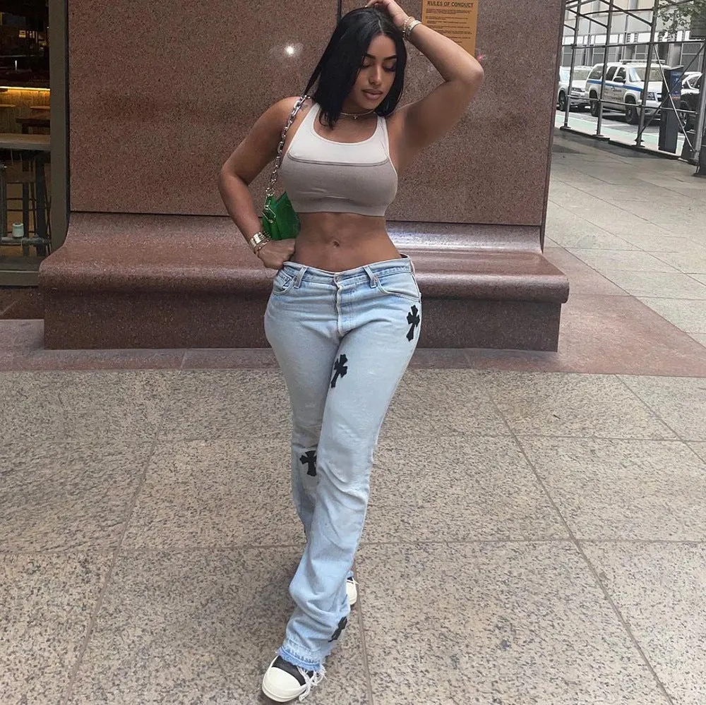Low Waist Cross Print Fashion Street Sexy Denim Trousers Wholesale Jeans