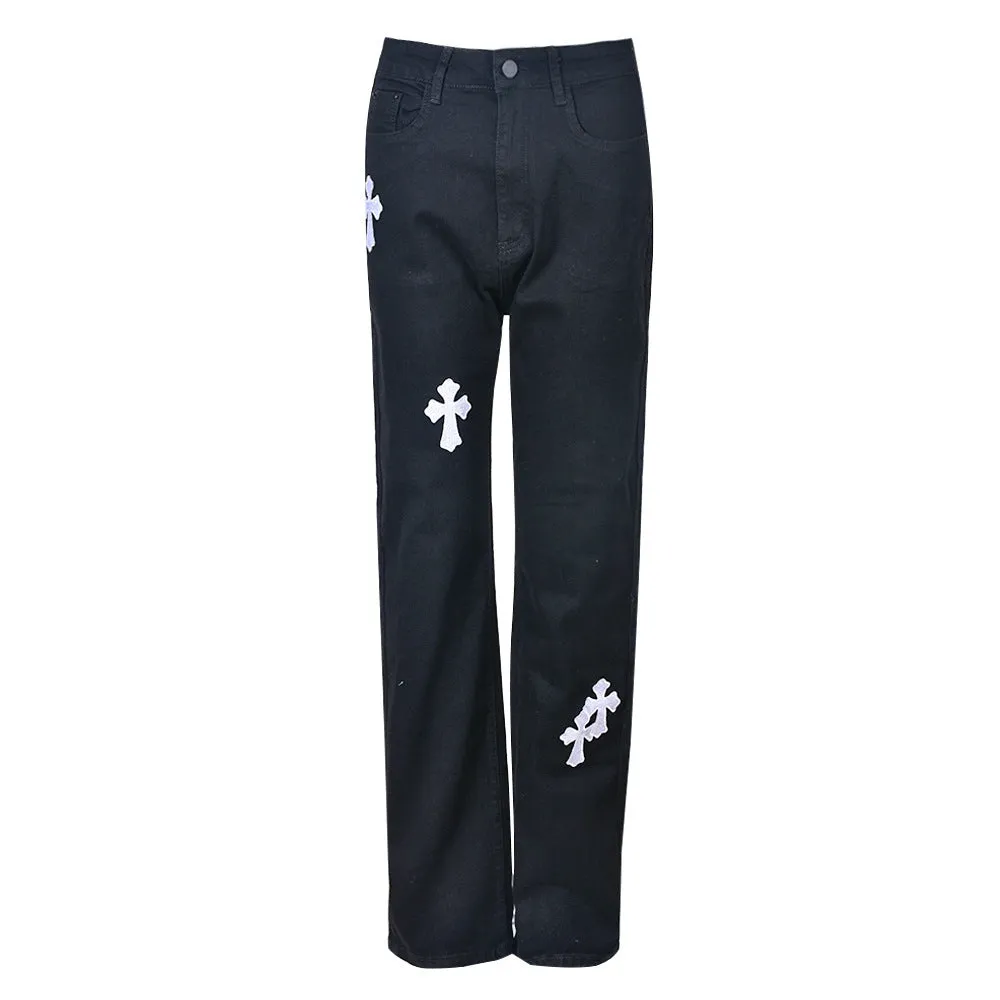 Low Waist Cross Print Fashion Street Sexy Denim Trousers Wholesale Jeans