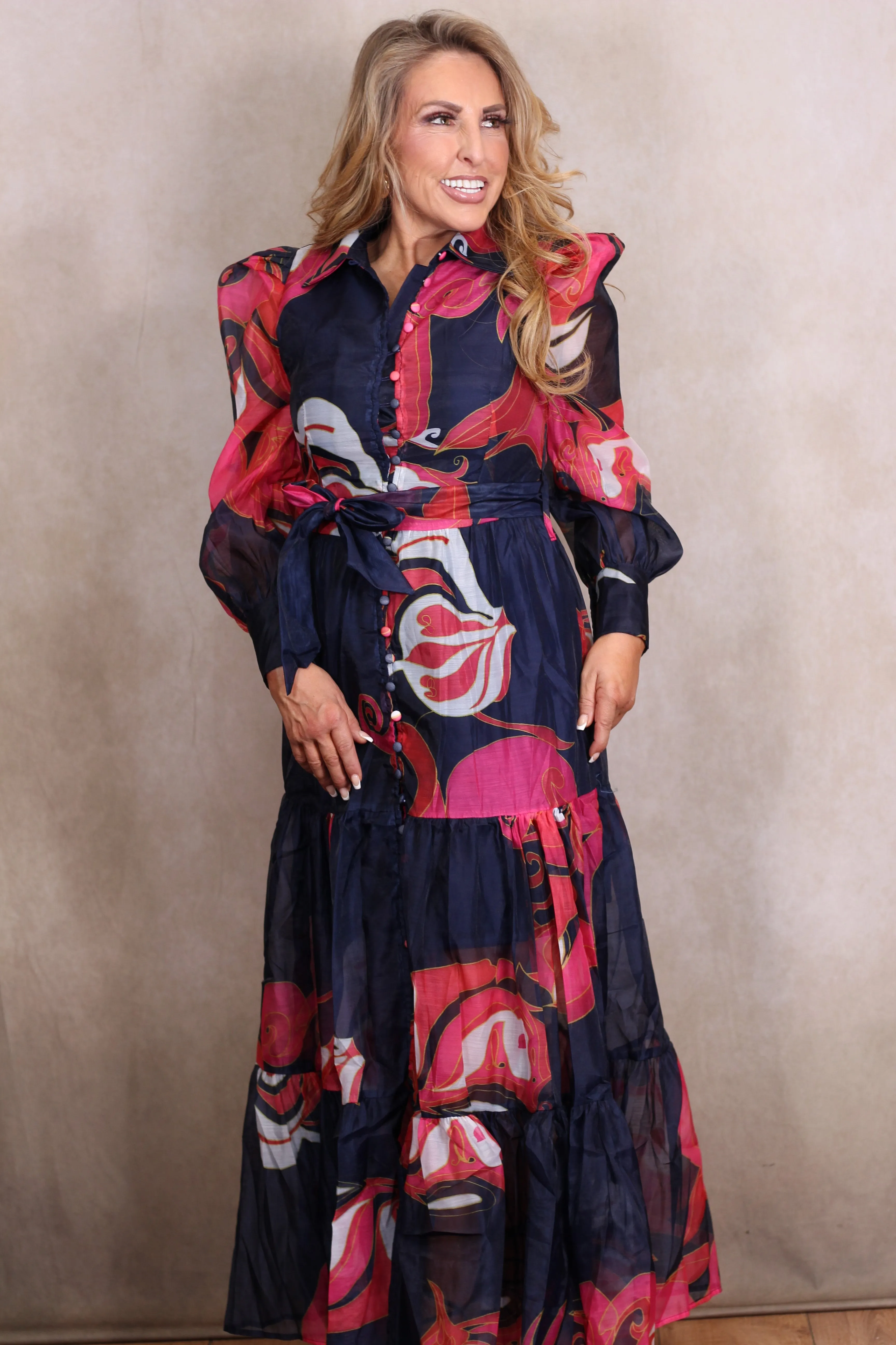 Mesh Sleeve Button Front Maxi Dress