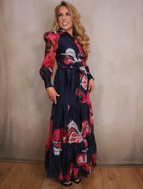 Mesh Sleeve Button Front Maxi Dress