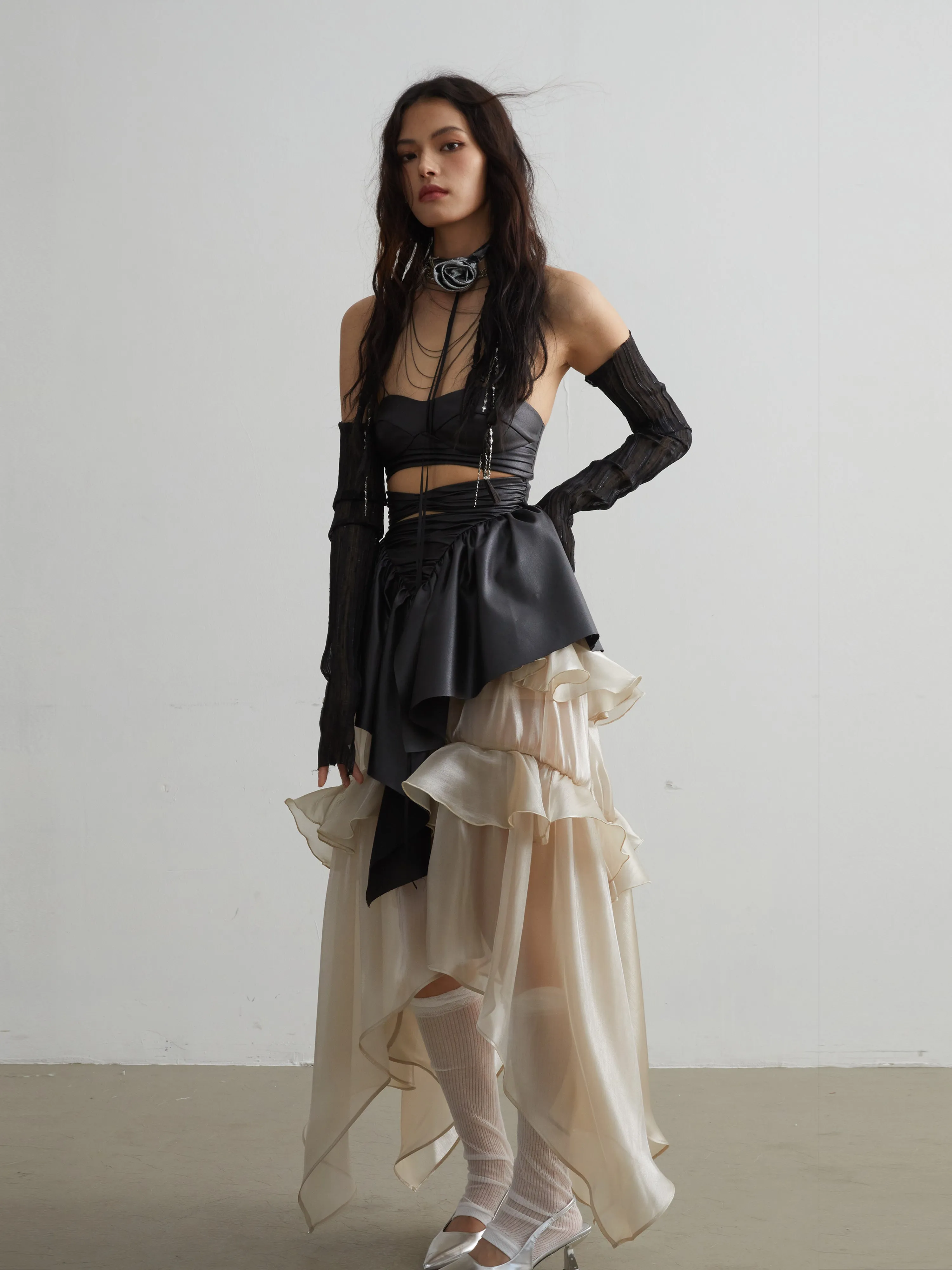 Nude Glossy Ruffled Goldfish Skirt