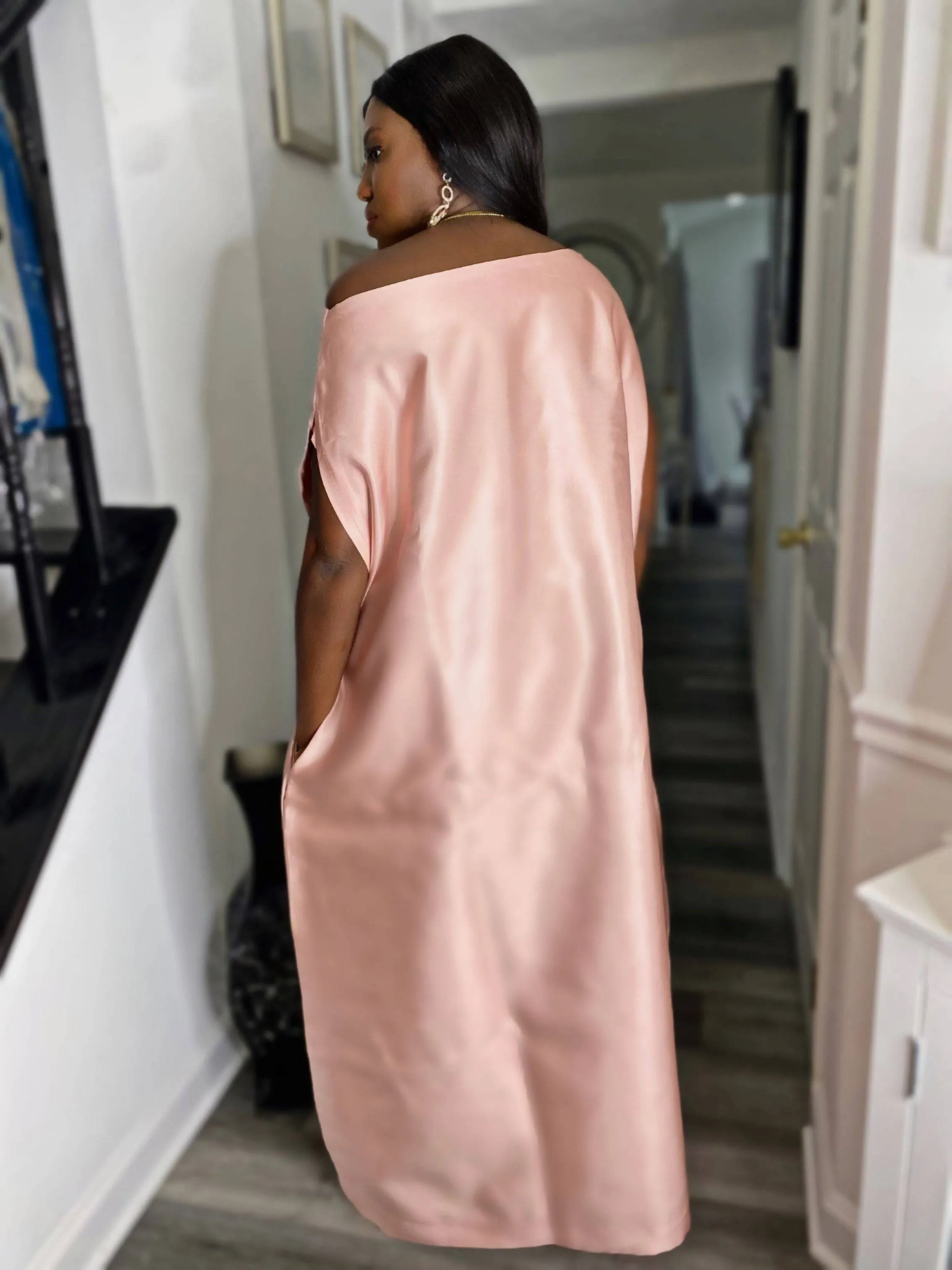 Peach Goddess Maxi African kaftan boubou mikado silk dress with multicolored sequin