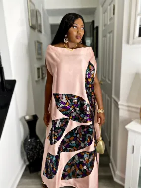 Peach Goddess Maxi African kaftan boubou mikado silk dress with multicolored sequin