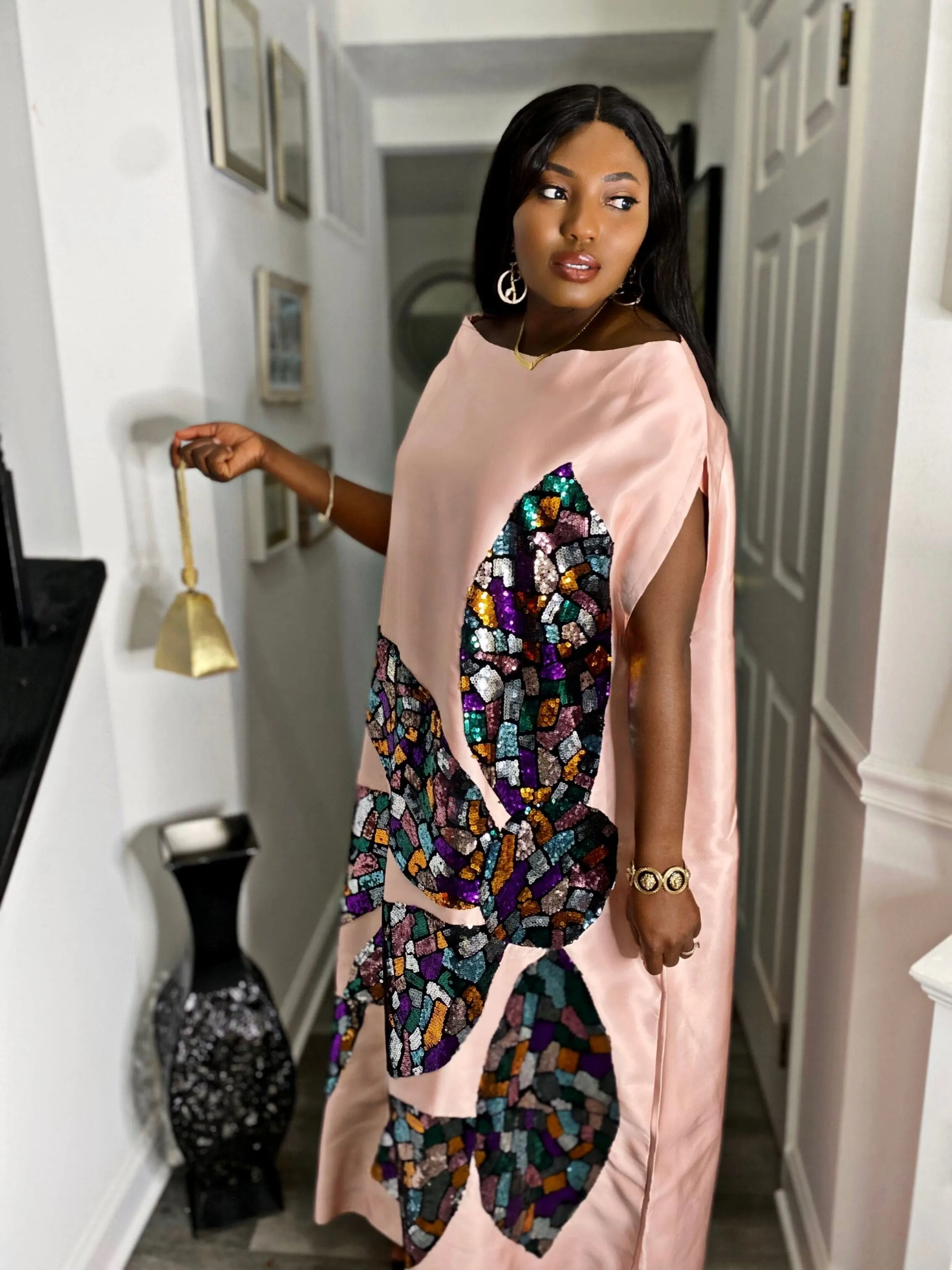 Peach Goddess Maxi African kaftan boubou mikado silk dress with multicolored sequin