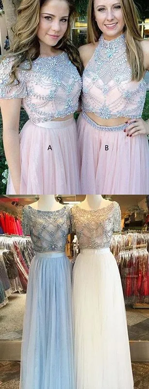 Pink Two Piece Long Prom Dress with Short Sleeves Prom Dress For Freshman