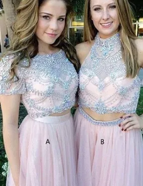 Pink Two Piece Long Prom Dress with Short Sleeves Prom Dress For Freshman