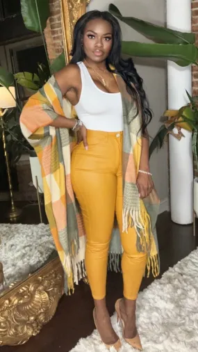 Plaid Fringed Poncho - Yellow