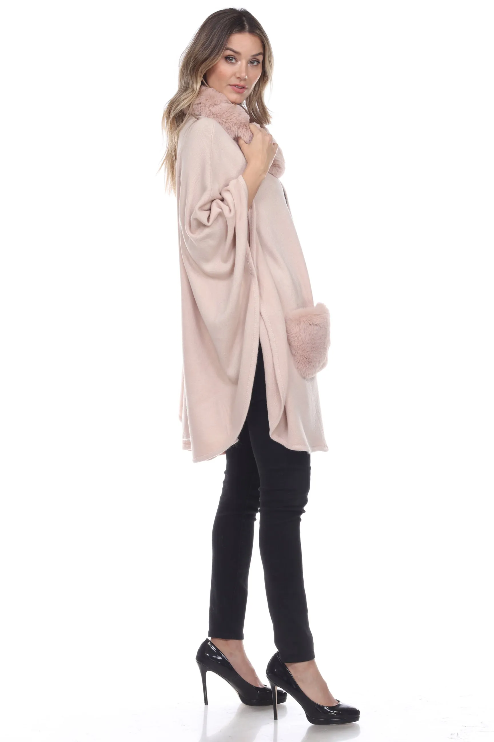 Poncho with Faux Fur Detail on Neckline and Pockets-1925