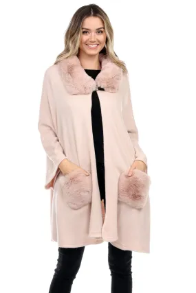 Poncho with Faux Fur Detail on Neckline and Pockets-1925