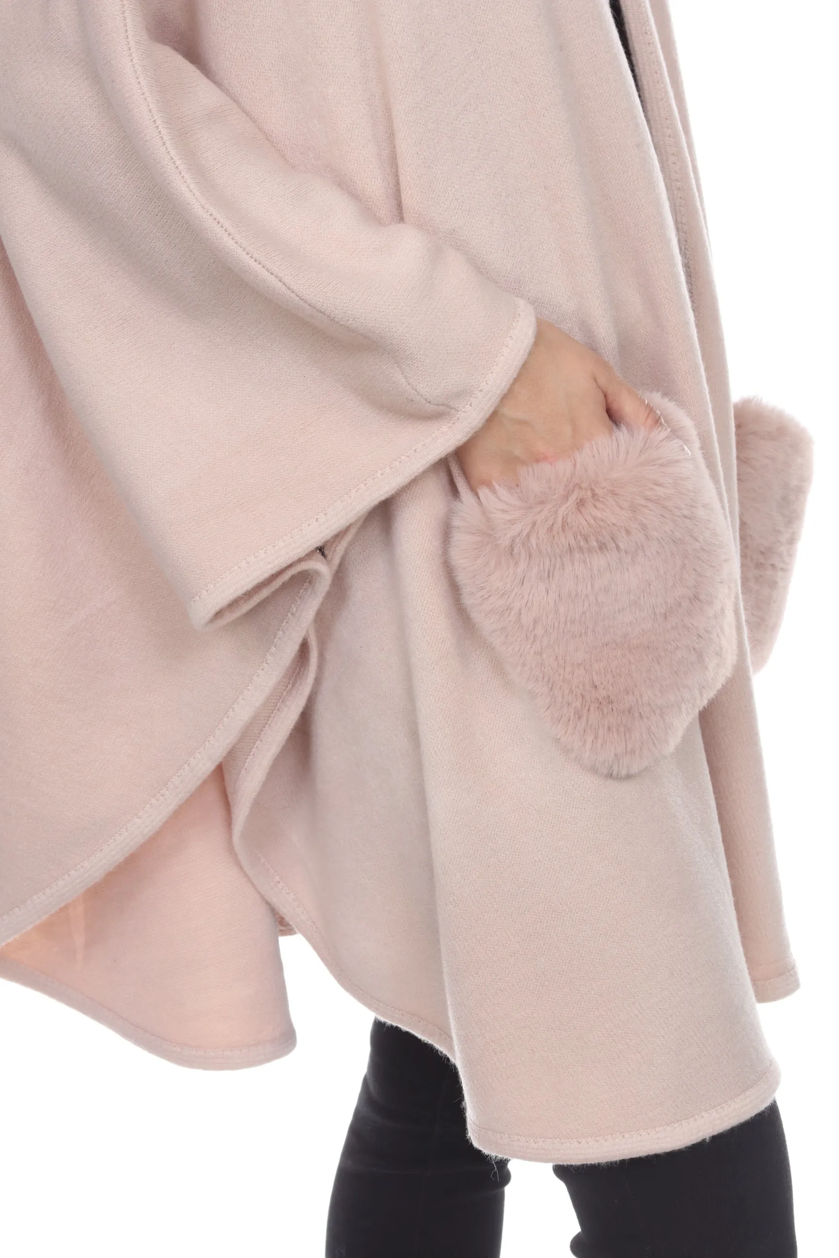 Poncho with Faux Fur Detail on Neckline and Pockets-1925