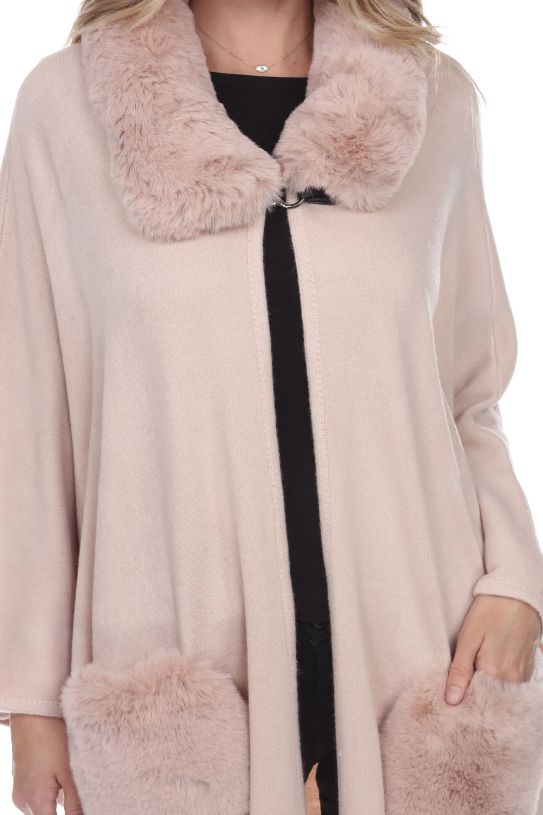 Poncho with Faux Fur Detail on Neckline and Pockets-1925