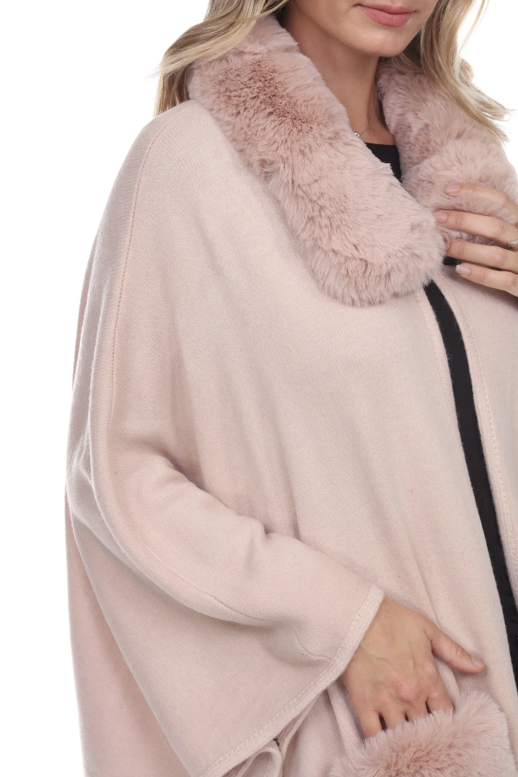 Poncho with Faux Fur Detail on Neckline and Pockets-1925