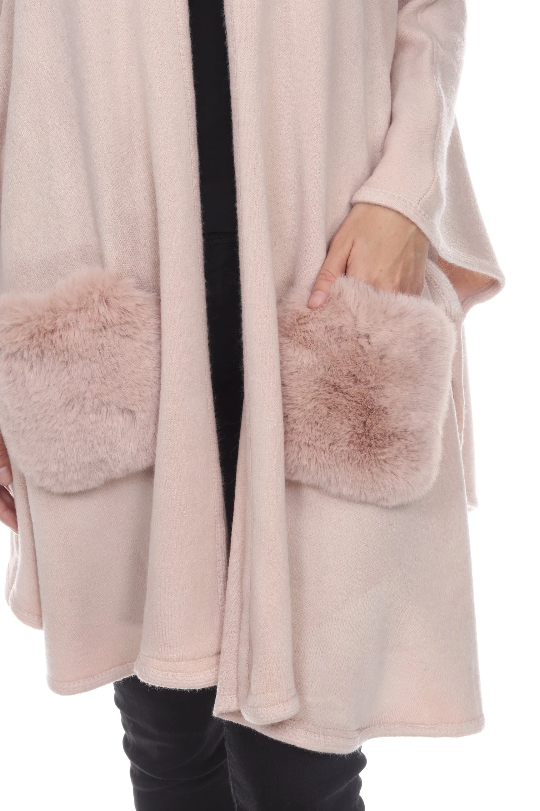 Poncho with Faux Fur Detail on Neckline and Pockets-1925