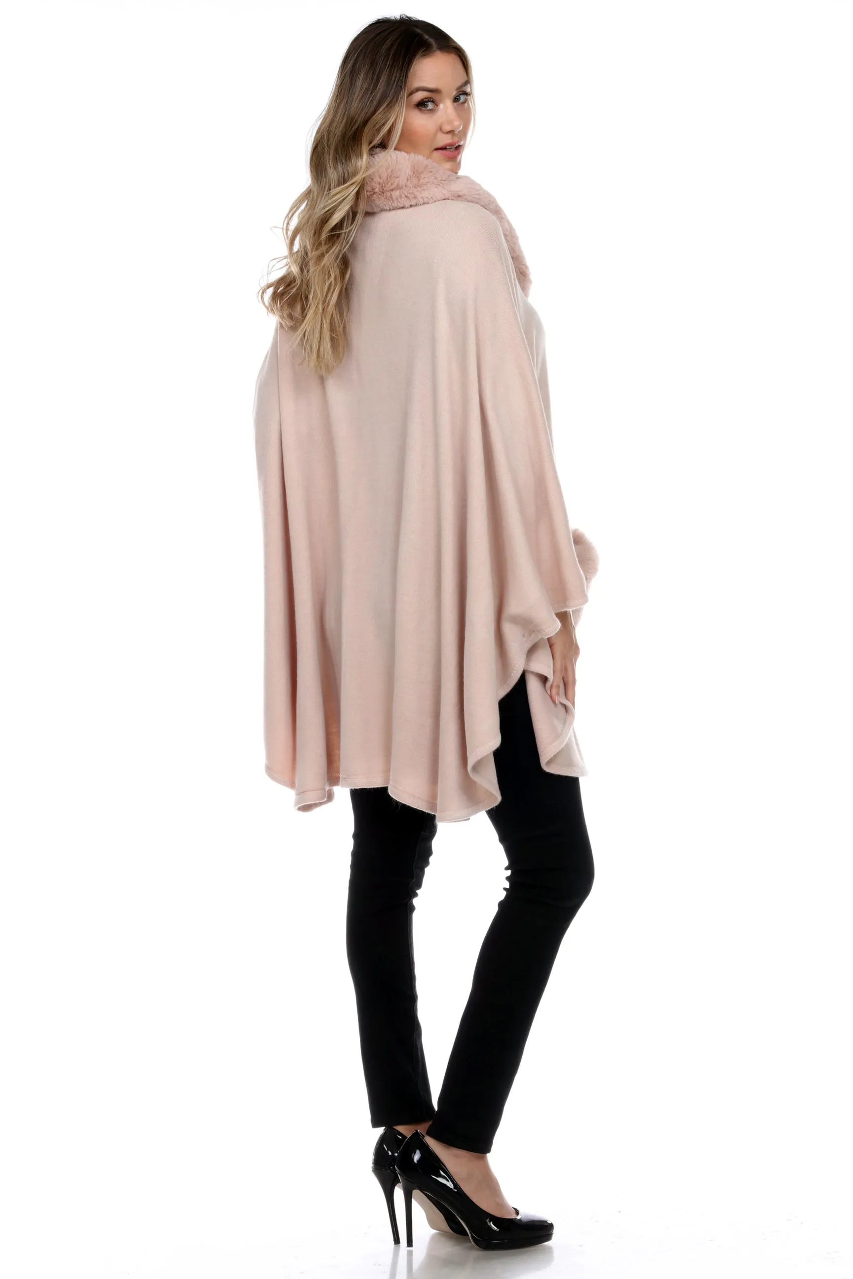 Poncho with Faux Fur Detail on Neckline and Pockets-1925