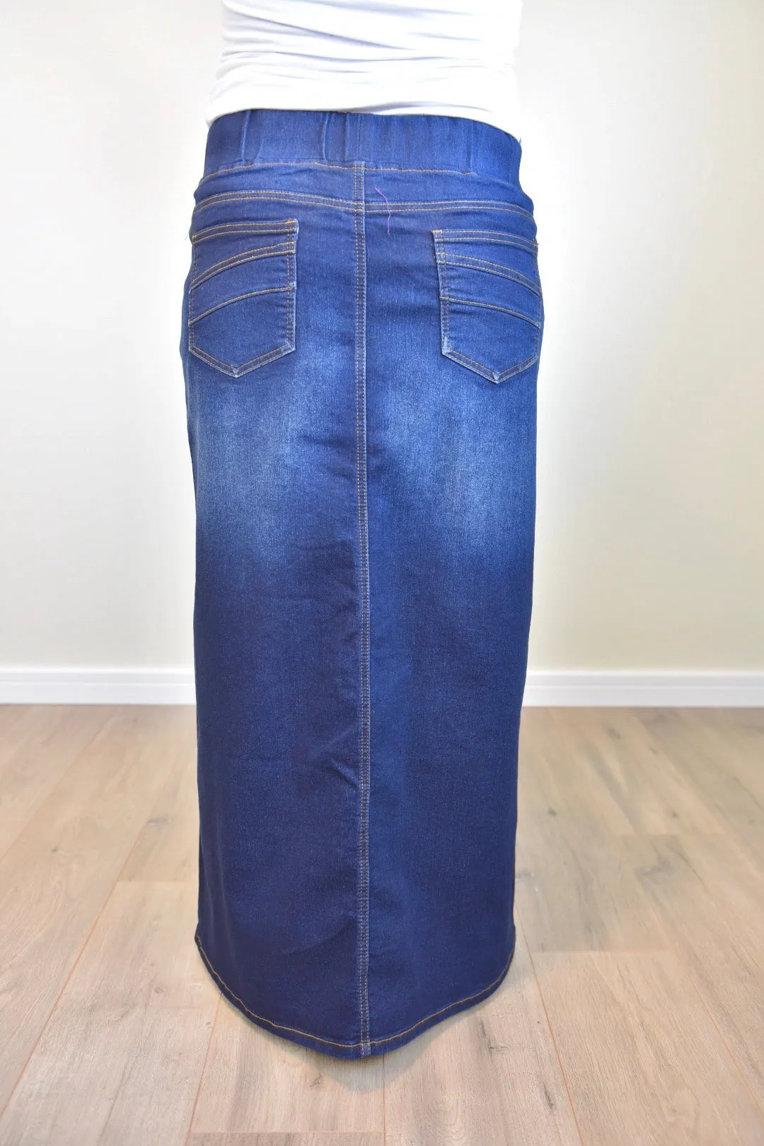 "Harper" Dark Indigo Long Straight Denim Skirt With Elastic Waistband