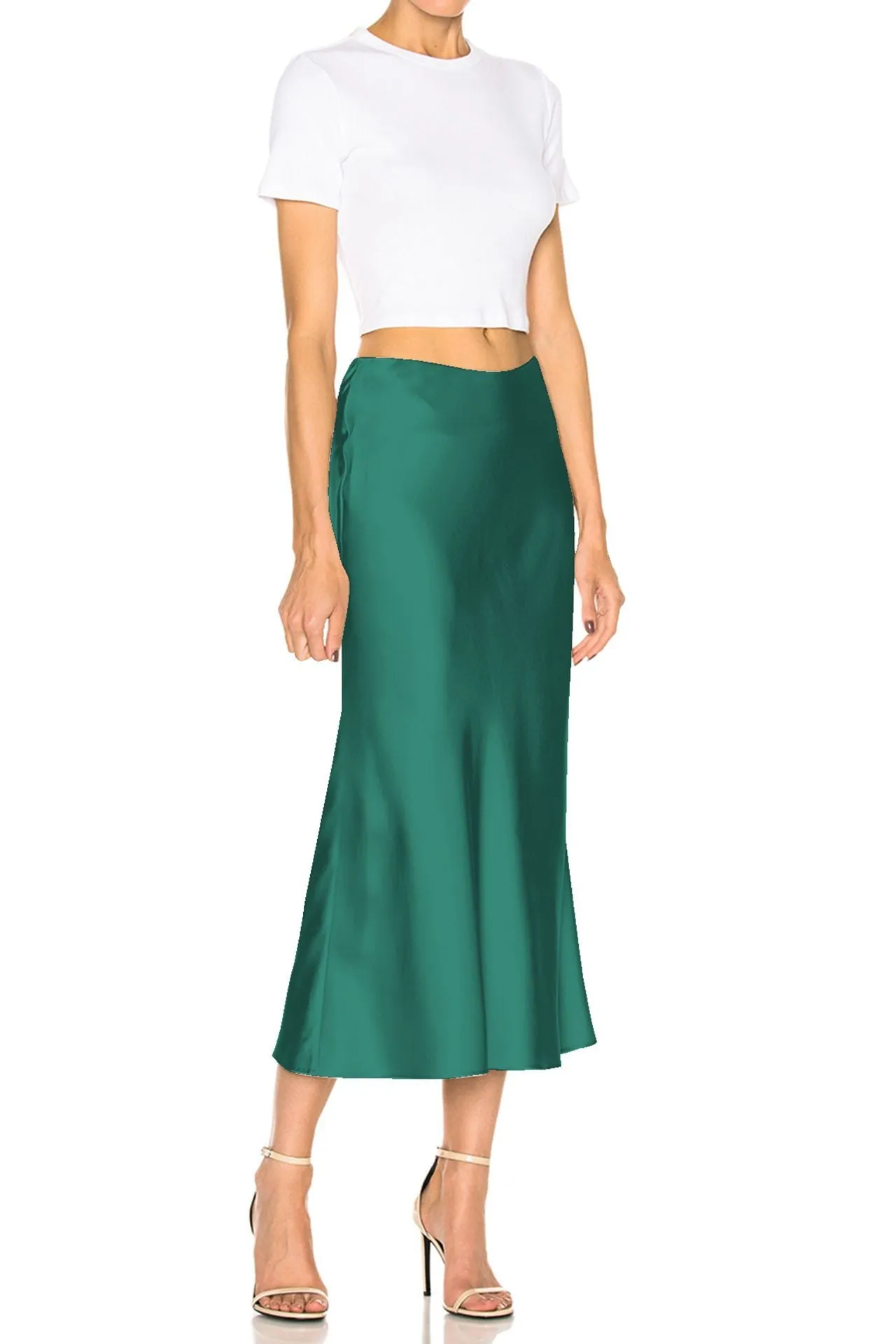 Satin Bias Midi Skirt Green