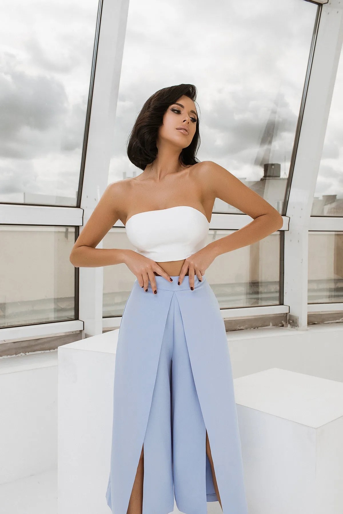 Sky-Blue High Waist Slit Cuff Сulottes
