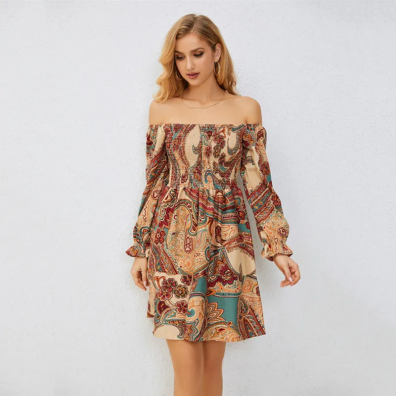 Trend4us Retro Bohemian Print Off-Shoulder Dress