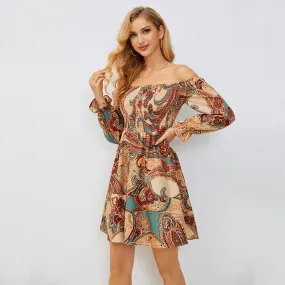 Trend4us Retro Bohemian Print Off-Shoulder Dress