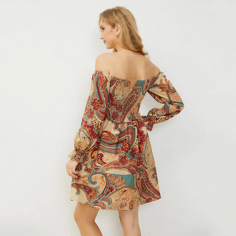 Trend4us Retro Bohemian Print Off-Shoulder Dress