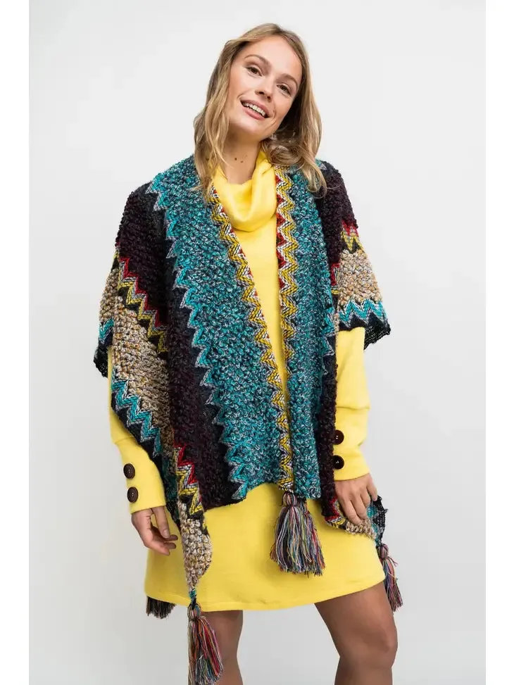 Women's Shawl Wrap Poncho, Thicket Blue Jaquard Design
