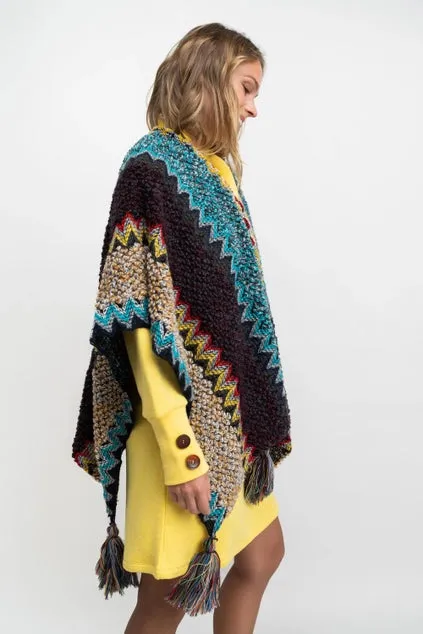 Women's Shawl Wrap Poncho, Thicket Blue Jaquard Design